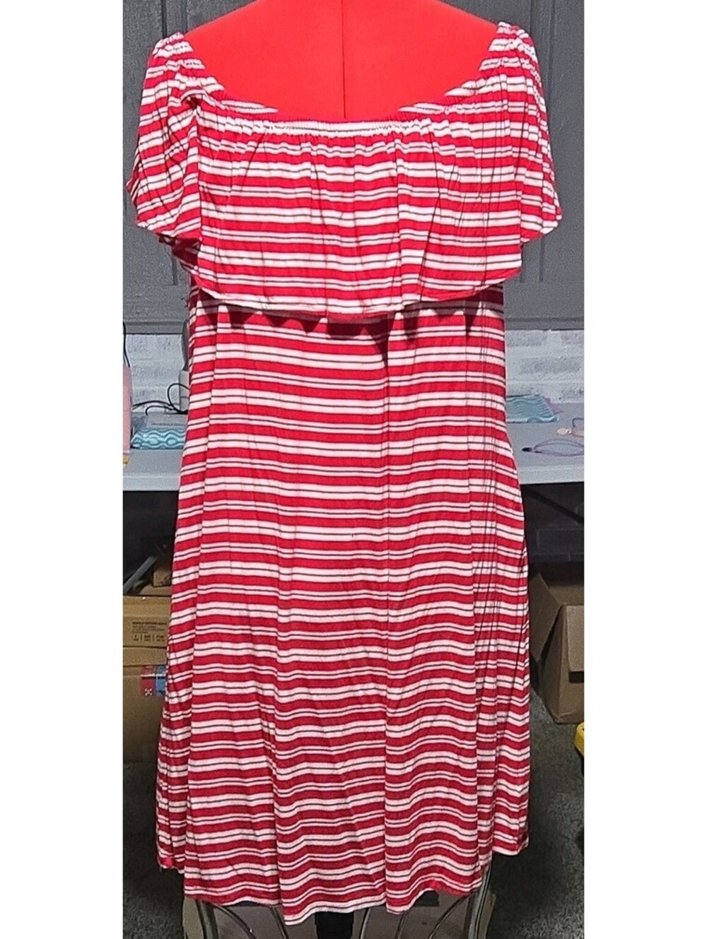 Lane Bryant Red White Striped Midi Shift Dress 14/16 Square Neck Ruffle